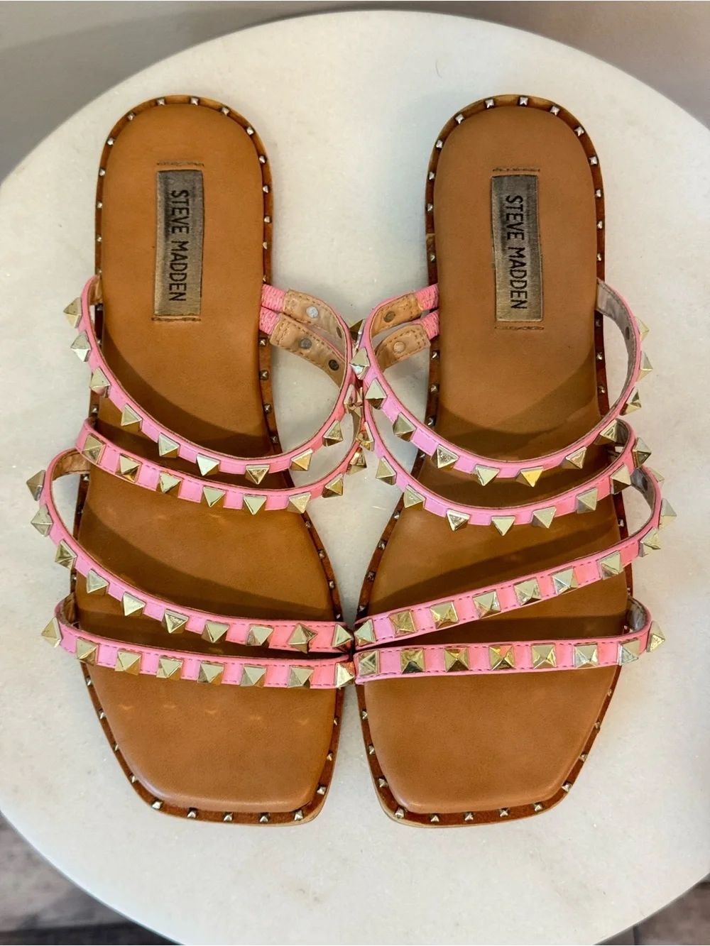 Steve Madden Pink Triple-Strap Studded Slide Sandals Sz 8